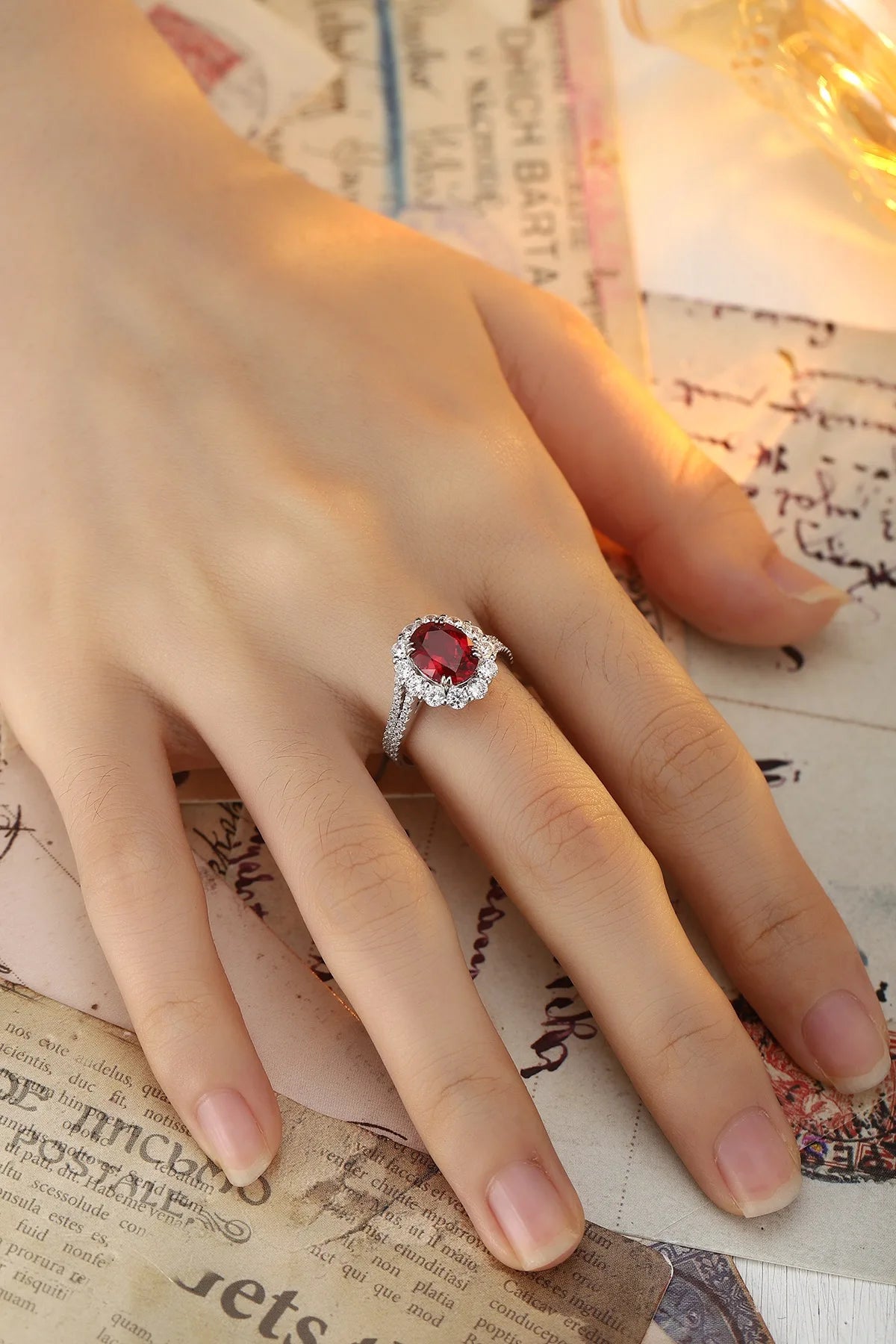 Gemfiori New Trendy Vintage Luxury Lab Grown Ruby Rings for Women Rhodium Plated Sterling Silver 925 Wedding & Anniversary Custom