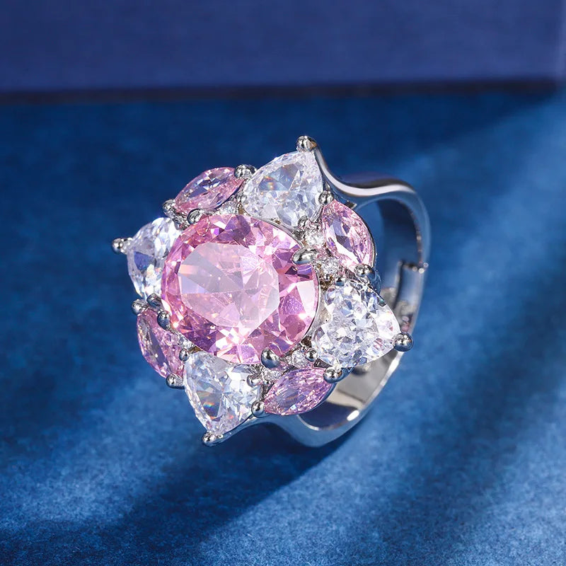 Gemfiori Sweetheart Peach Pink Zircon Necklace Petal Zircon Ring Fashion Light Luxury Set