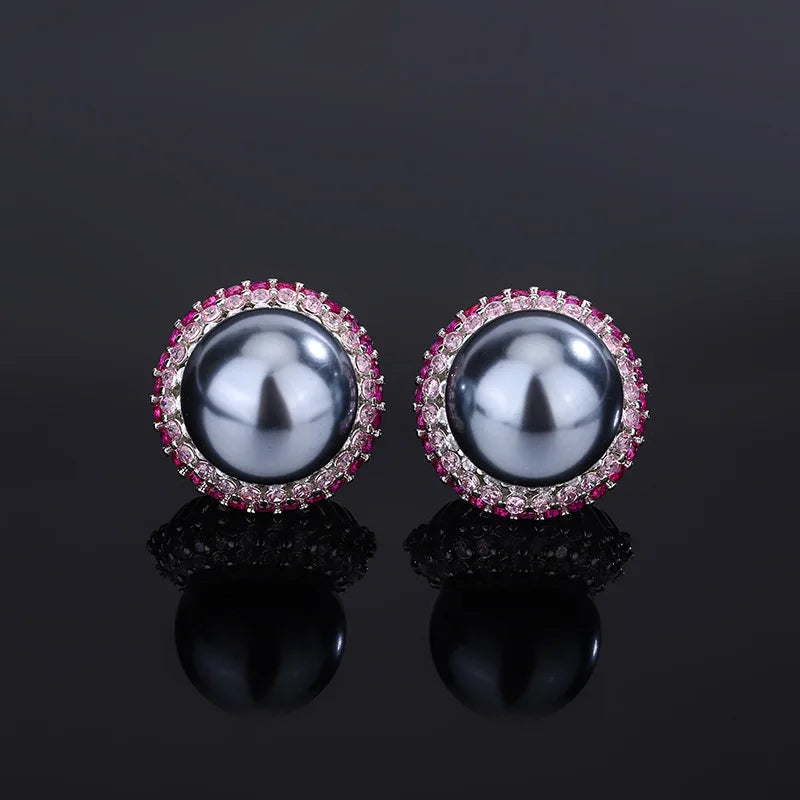 Gemfiori European and American Caibao Inlaid Earring Ring Niche High-end Feeling Gray Pearl Necklace Set Jewelry Set
