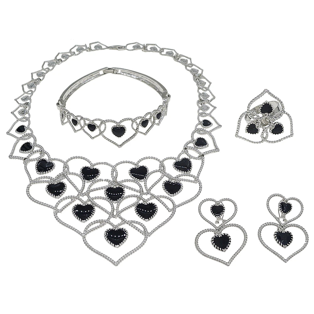 Zhuerrui Romantic Heart Design Jewelry Set Black Stone Crystal Inlaid White Gold Necklace Set for Wedding Banquet I005520-2