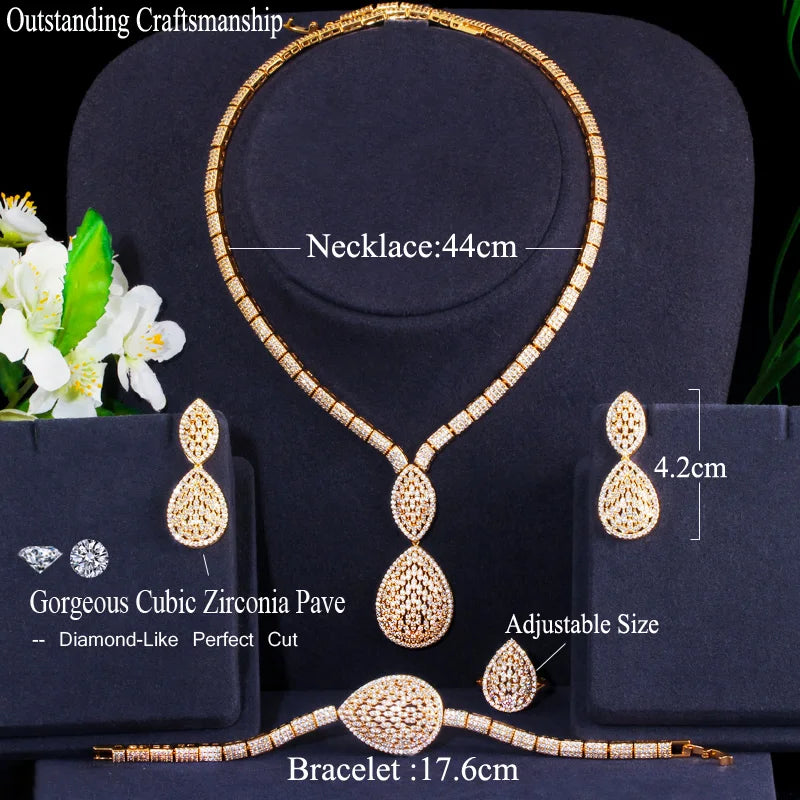 Hollow Design CZ Zircon Party Earring Bracelet Ring Necklace 4pcs Luxury Jewelry Sets African Gold Bridal Costume for Women