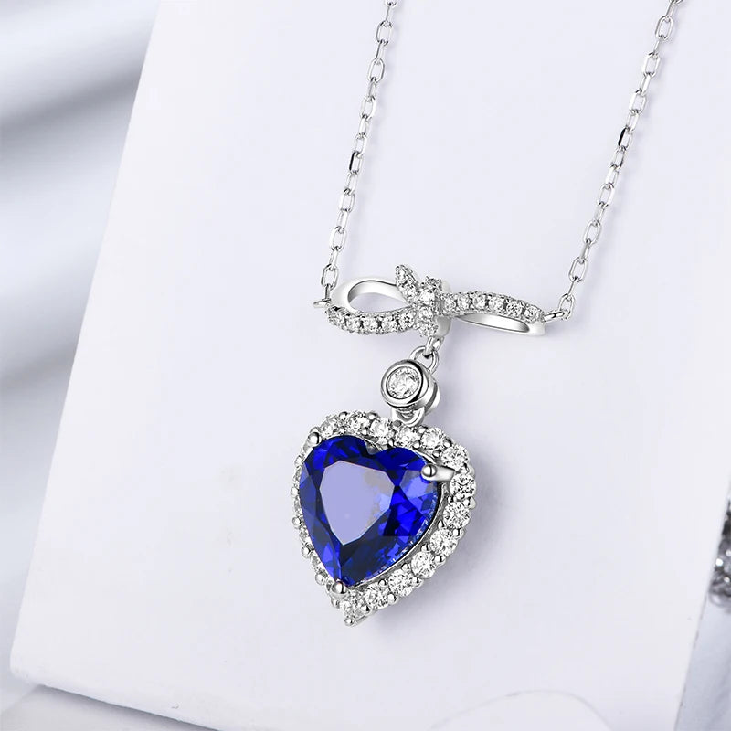 Luxury Design Pendant 10*10mm 4ct Heart Shape Blue Sapphire Gemstone 925 Sterling Silver Gift Necklace Set for Women