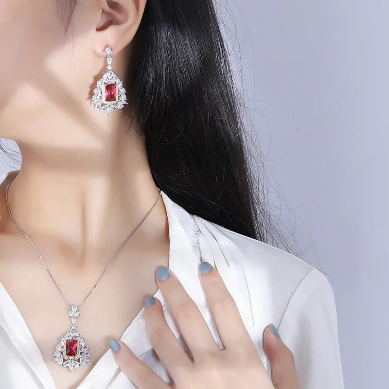 Gemfiori New Popular European and American Flower Shaped Pendant Earrings Set with Pomegranate Red Princess square Zircon Inlay