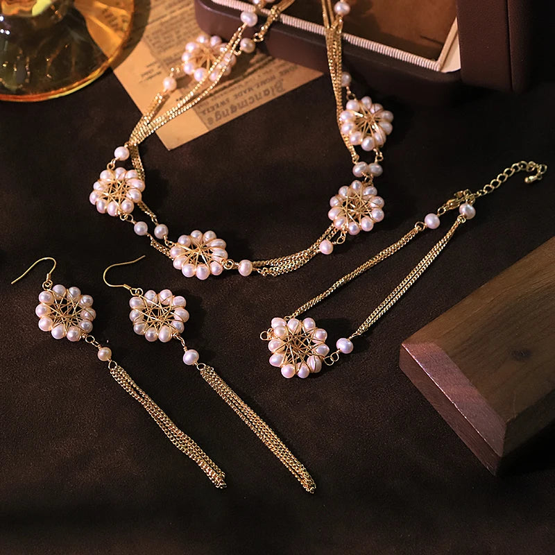 GLSEEVO Natural Freshwater Pearl Flower Chain 925 Sterling Silver Necklace, Earrings & Bracelet Set — Luxury Design