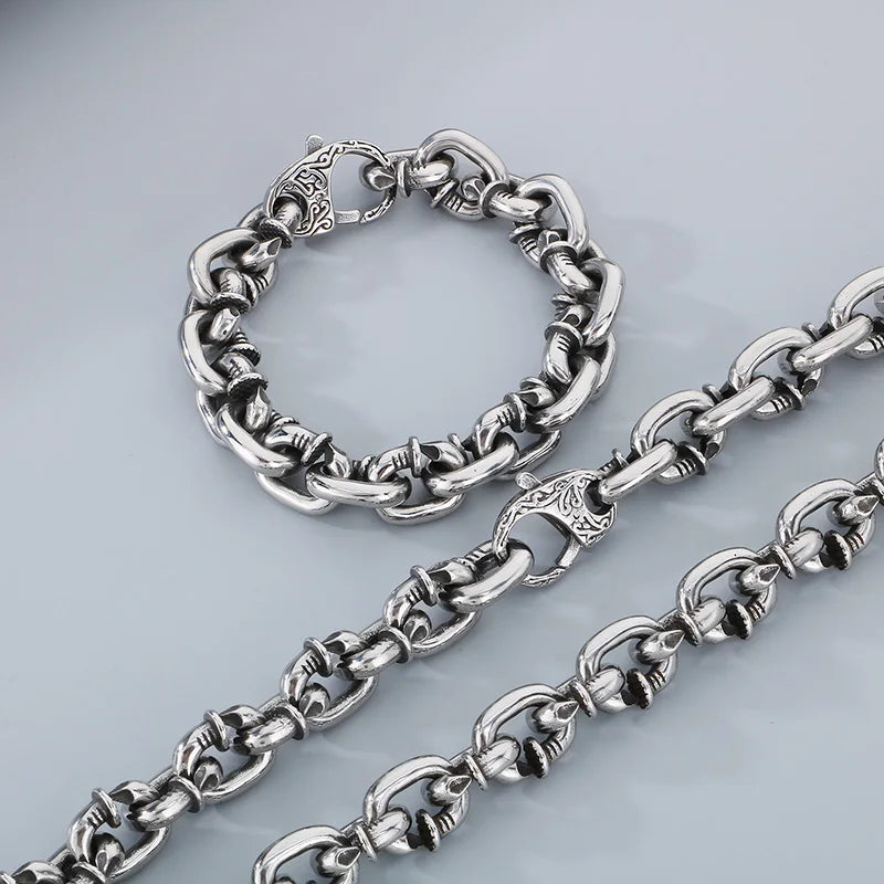 REBEL Unisex Stainless Steel Industrial Style Thick Nail Links Necklace&Bracelet Jewelry Set
