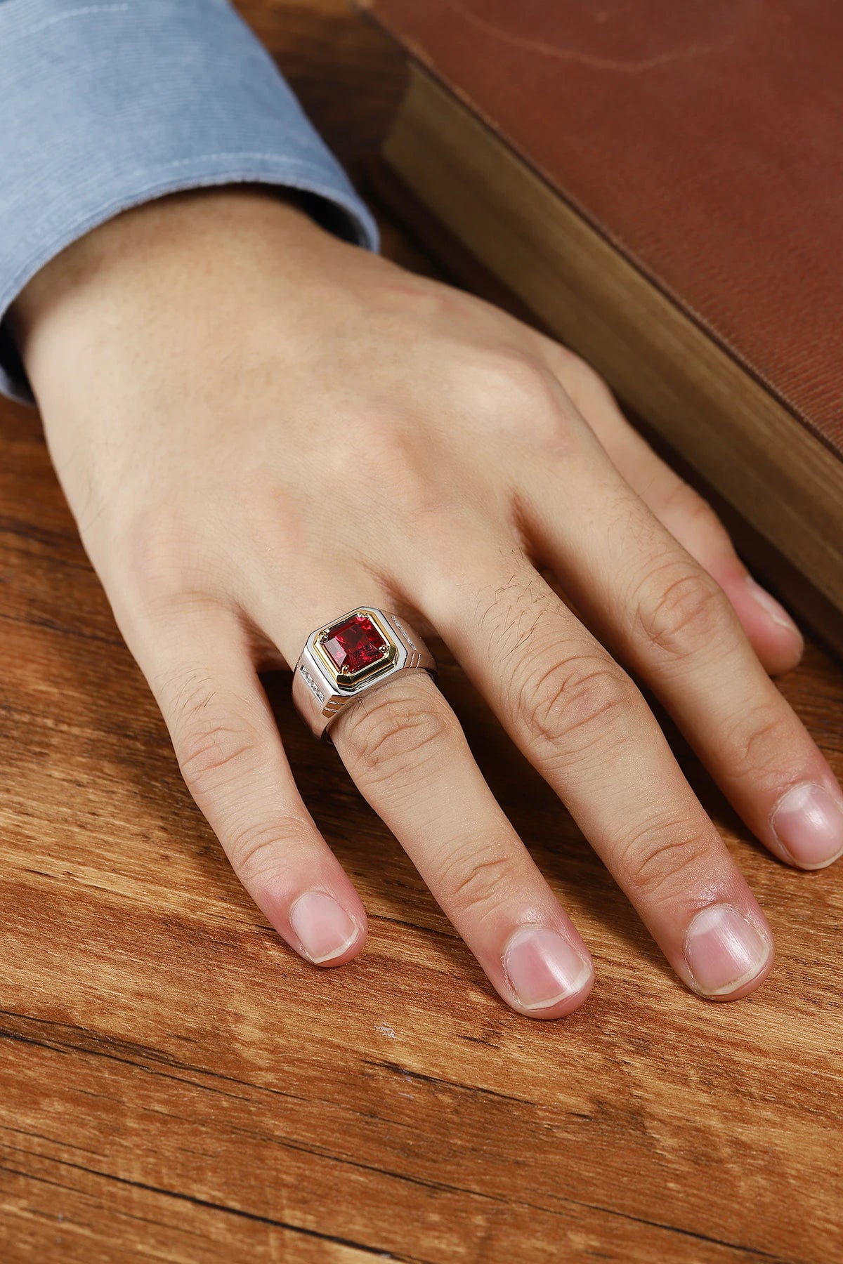 Gemfiori Lanphear Solitaire S925 Sterling Silver Women Ring Asscher Cut Ruby Gem Men's Wedding Birthday Gifts Lab Grown Ruby Fashion Ring
