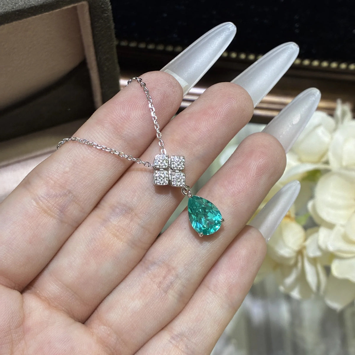 7x10mm Pear Neon Blue Lab Grown Gemstone Jewelry Parure Rhodium Plated 925 Sterling Silver Paraiba Set Anniversary Gift for Her