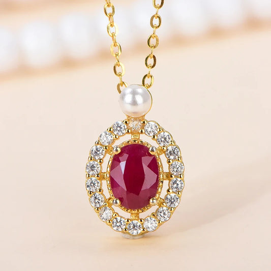 Gioiellieri Oval Shape Natural Ruby Solitaire Pendant 925 Sterling Silver Gold Plated Luxury Chain Necklace Gift Jewelry