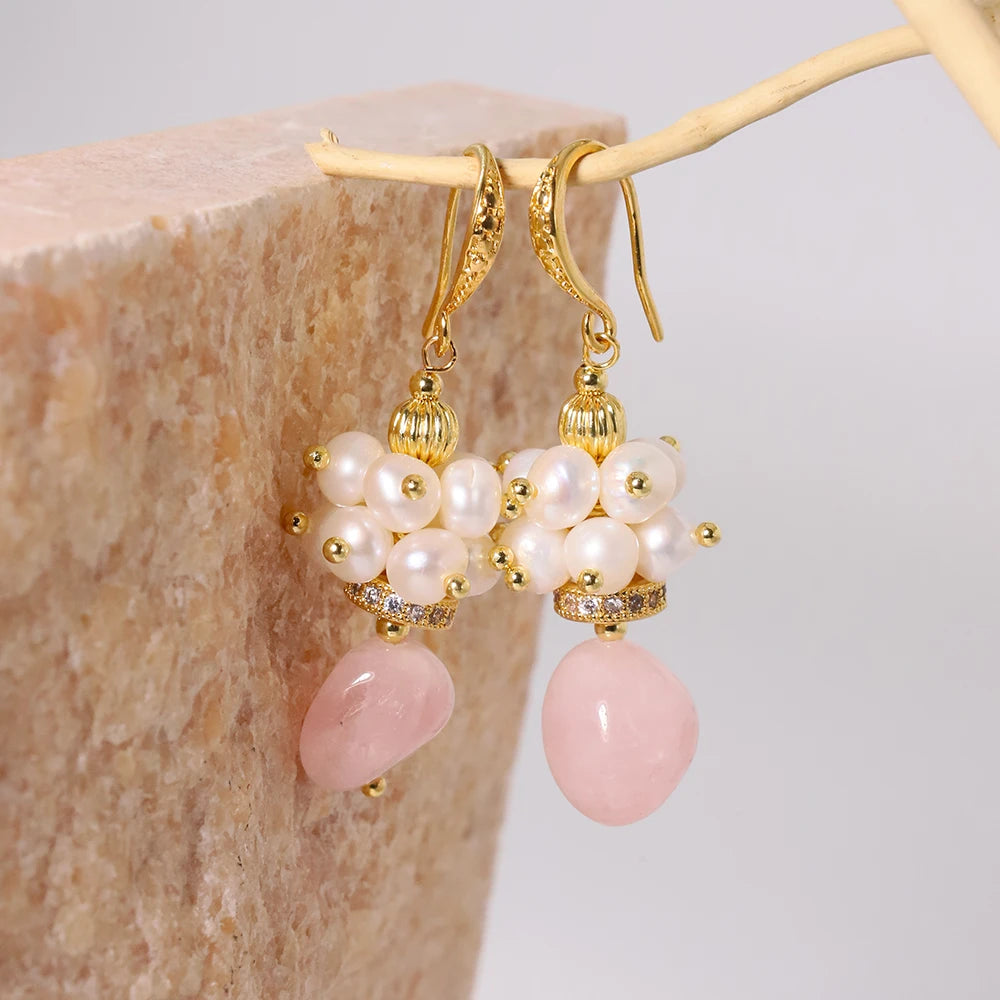 Natural Freshwater Pearl Powder Crystal Earrings for Woman Korean Fashion Style Vintage Personality Lady Jewelry