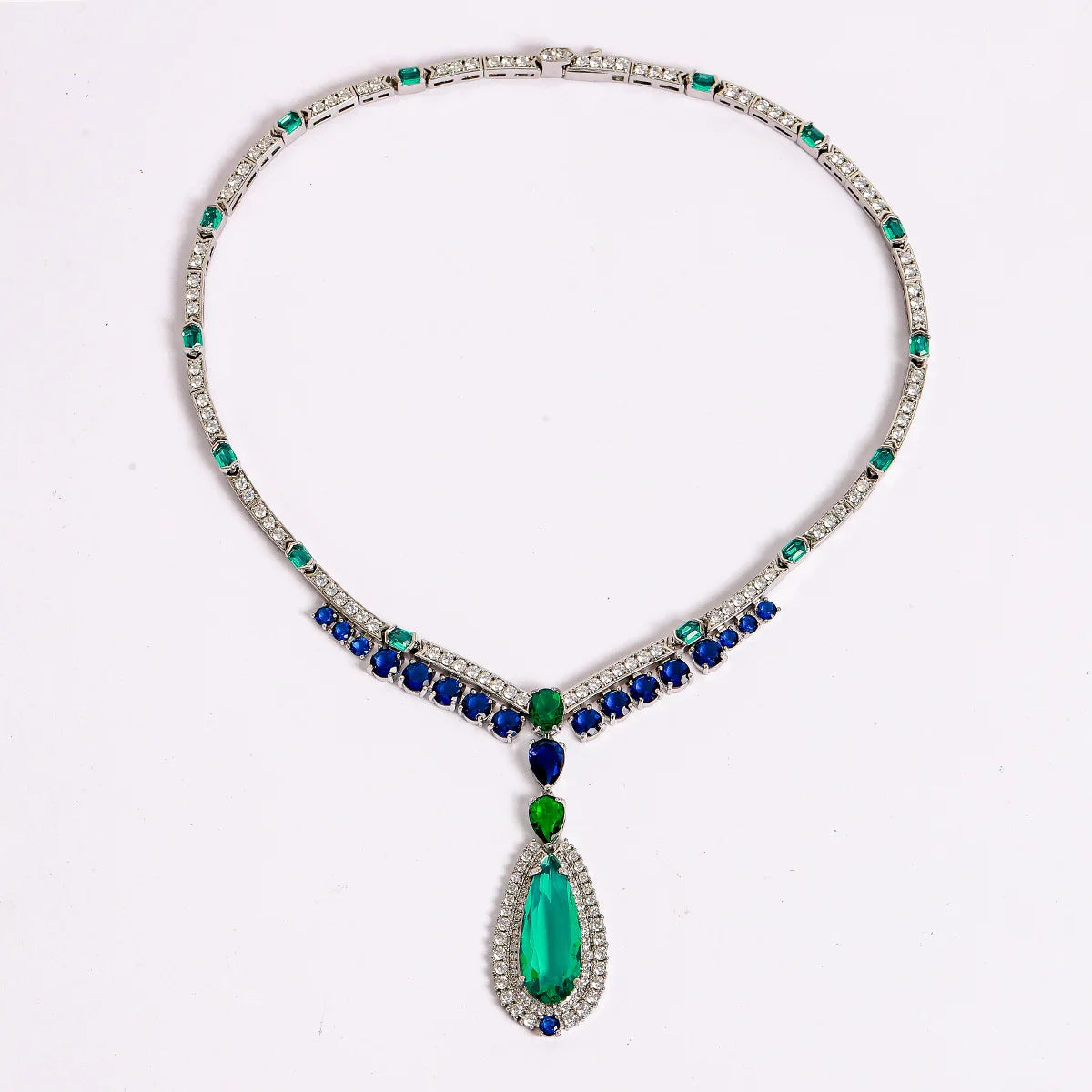 Dubai Luxury Emerald & Sapphire Zirconia Bridal Necklace & Earrings Set — Green & Blue