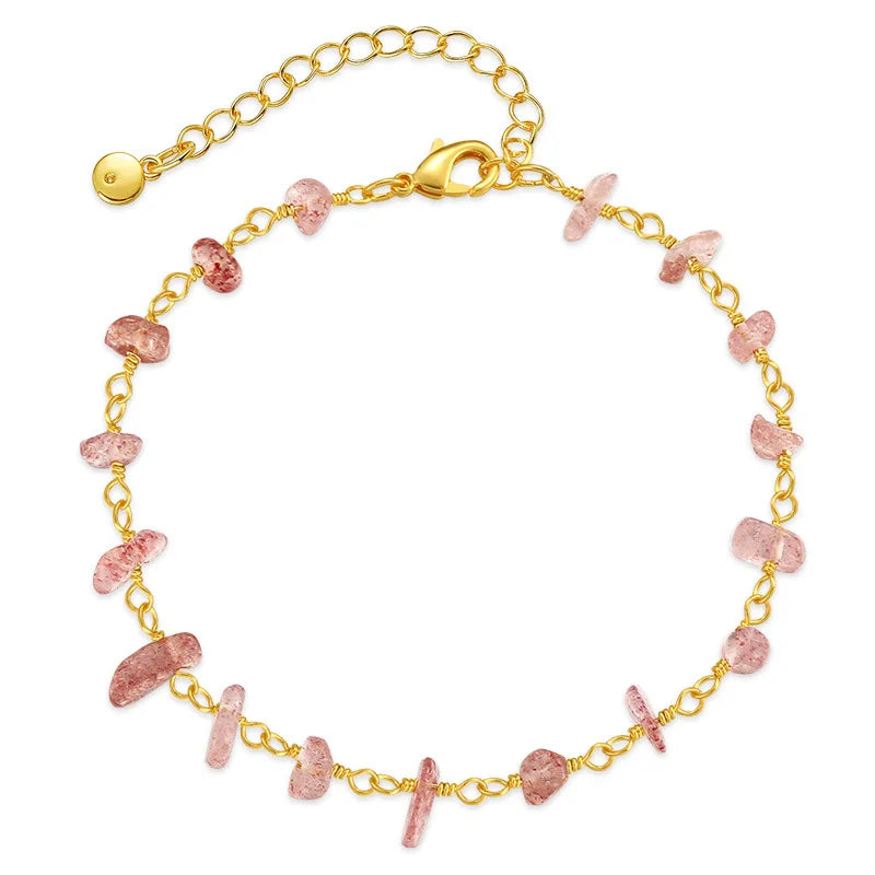 Bohemian Gravel Natural Raw Stone Chips Bracelet Anklets 22CM Crystal Amethyst Rose Quartz Turquoise Gold Plated for Women Gift