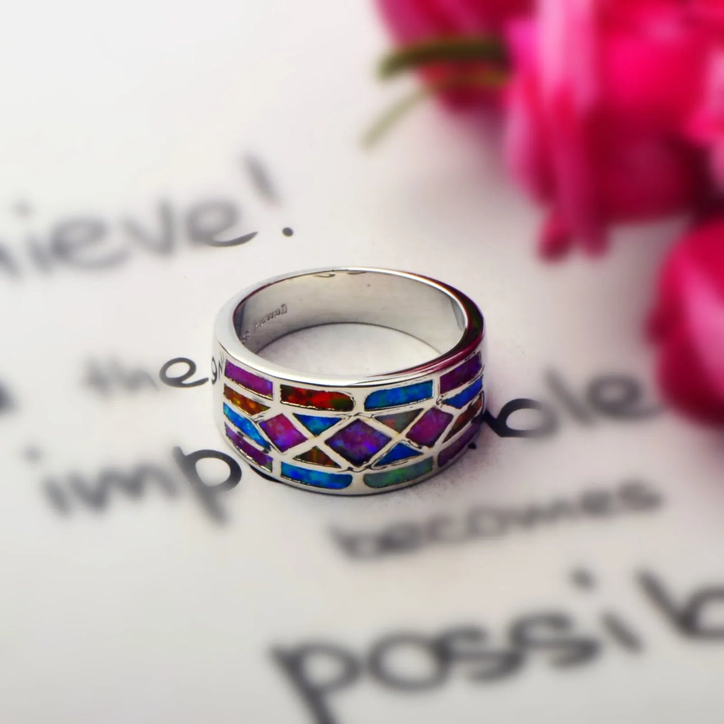 Colorful Opal Inlaid Geometric Pattern Ring | Stainless Steel Shiny Band | Iridescent Multi-Color Fashion Ring for Women Jewelry