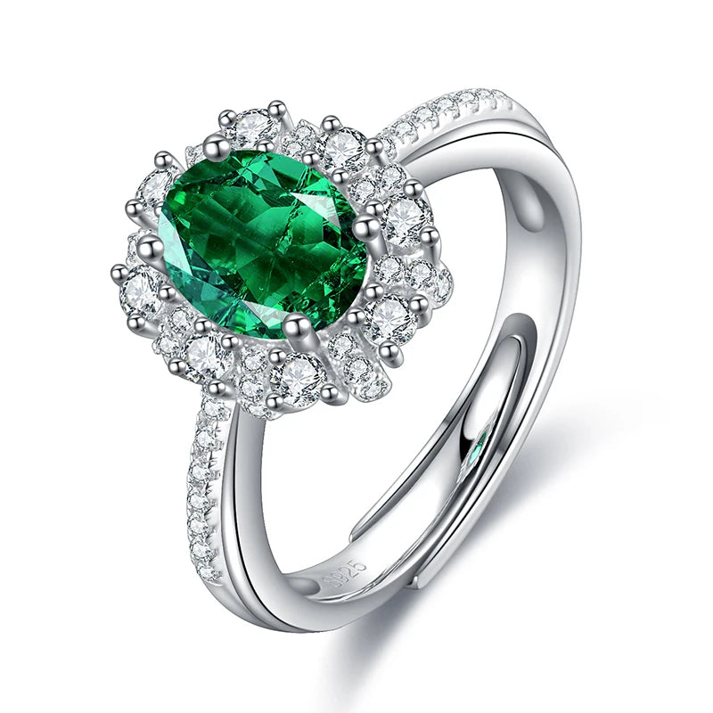 Gemfiori 100% 925 Silver Oval Emerald Stone Promise Ring With Small White Cz Diamonds for Her