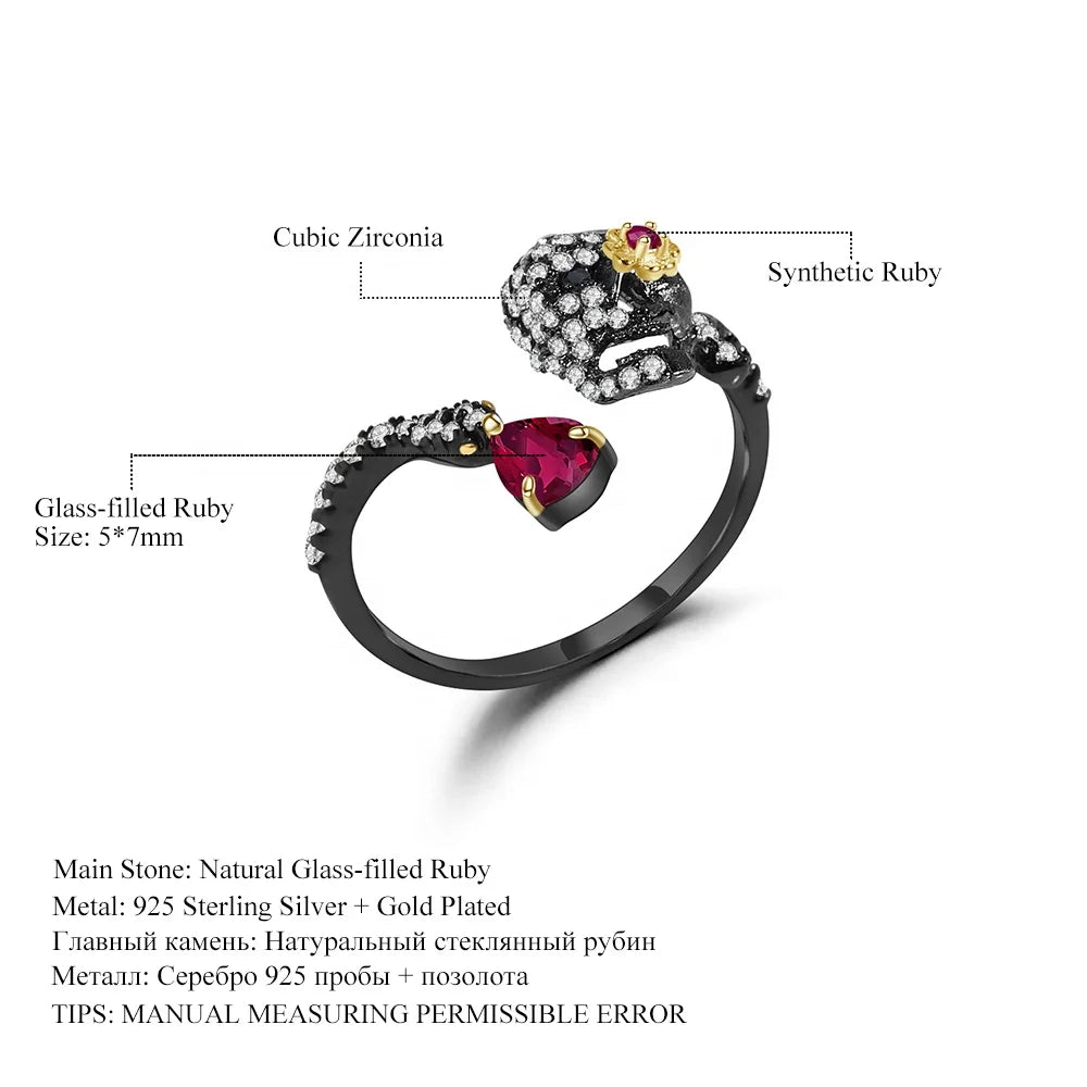 ArtistA Abiding Black Gun Plated Handmade Glass-filled Ruby Adjustable Ring Skull Gothic Earrings 925 Silver Halloween Jewelry Set