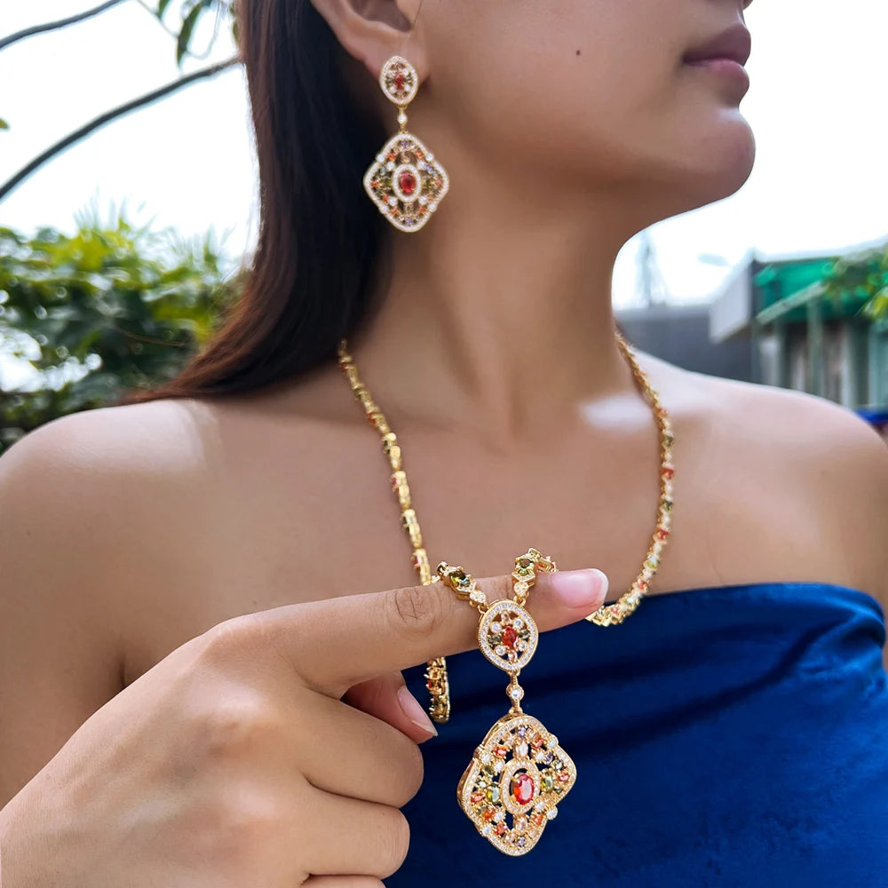 Elegant Multicolor Cubic Zircon Dubai Gold Plated Long Necklace and Earrings Party Wedding Bridal Jewelry Set for Women