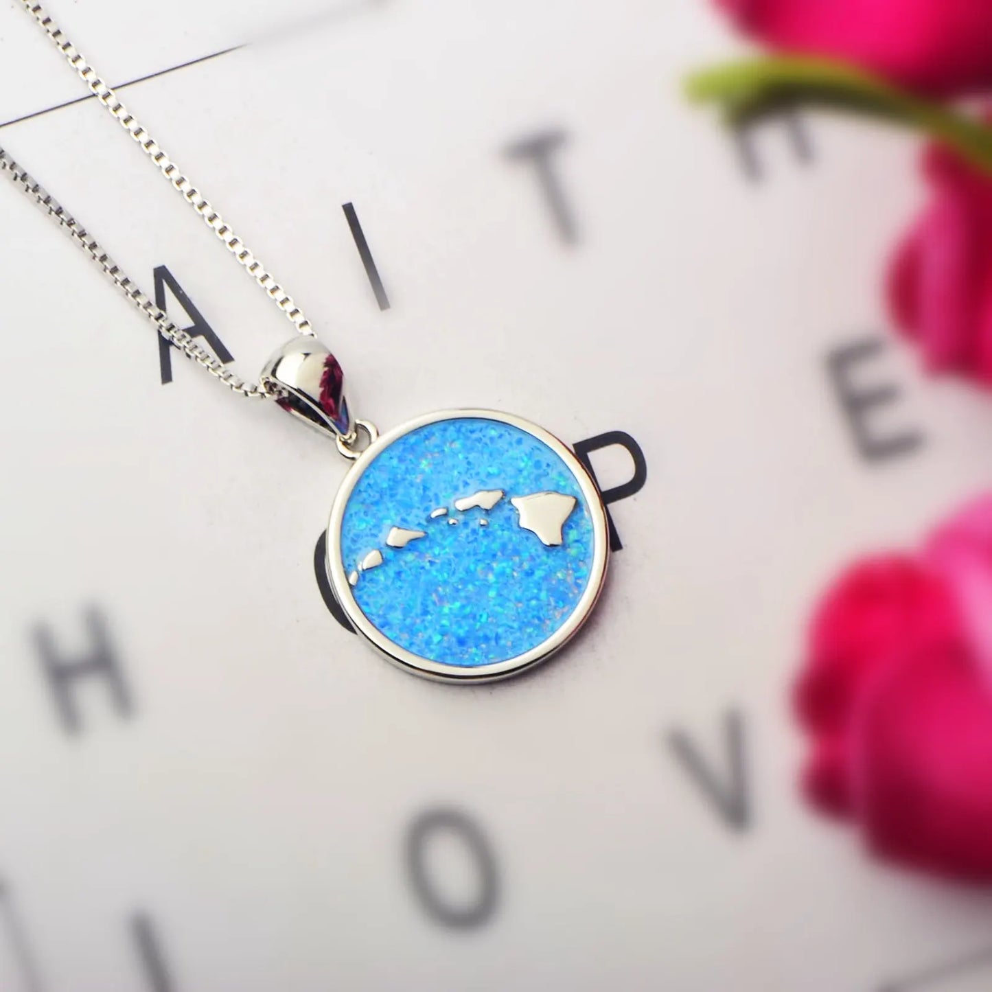Aobao Handcrafted Christian Blue Opal Silver Plated Copper Box Chain Lariat Minimalist Women's Geometric Hollow Jewelry Bulk