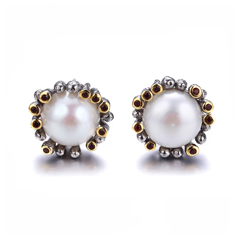Handmade Button Pearl 925 Sterling Silver Stud Earrings Garnet White Freshwater Pearl AAA Grade Black Rhodium 18K Gold Plated