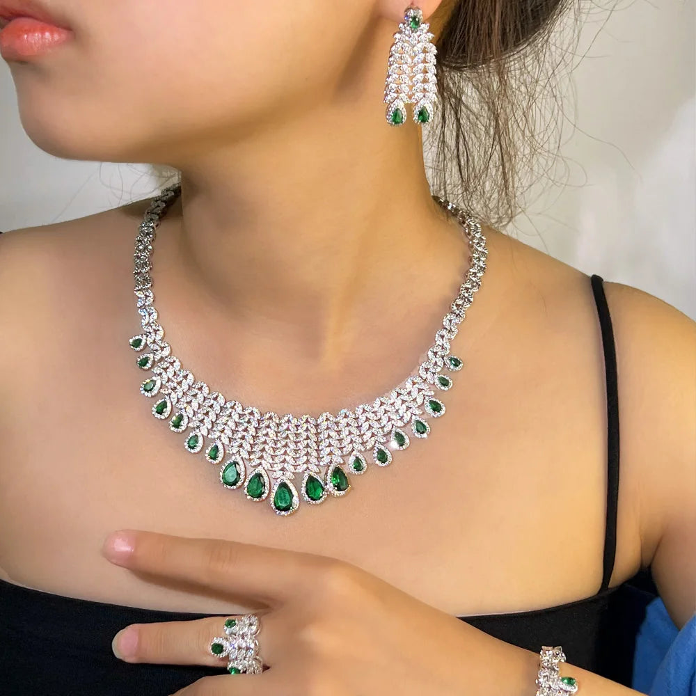 Luxury Water Drop Big Statement Jewelry Set for Women Wedding Green Cubic Zircon CZ African Dubai Saudi Arabia Bridal Jewelry