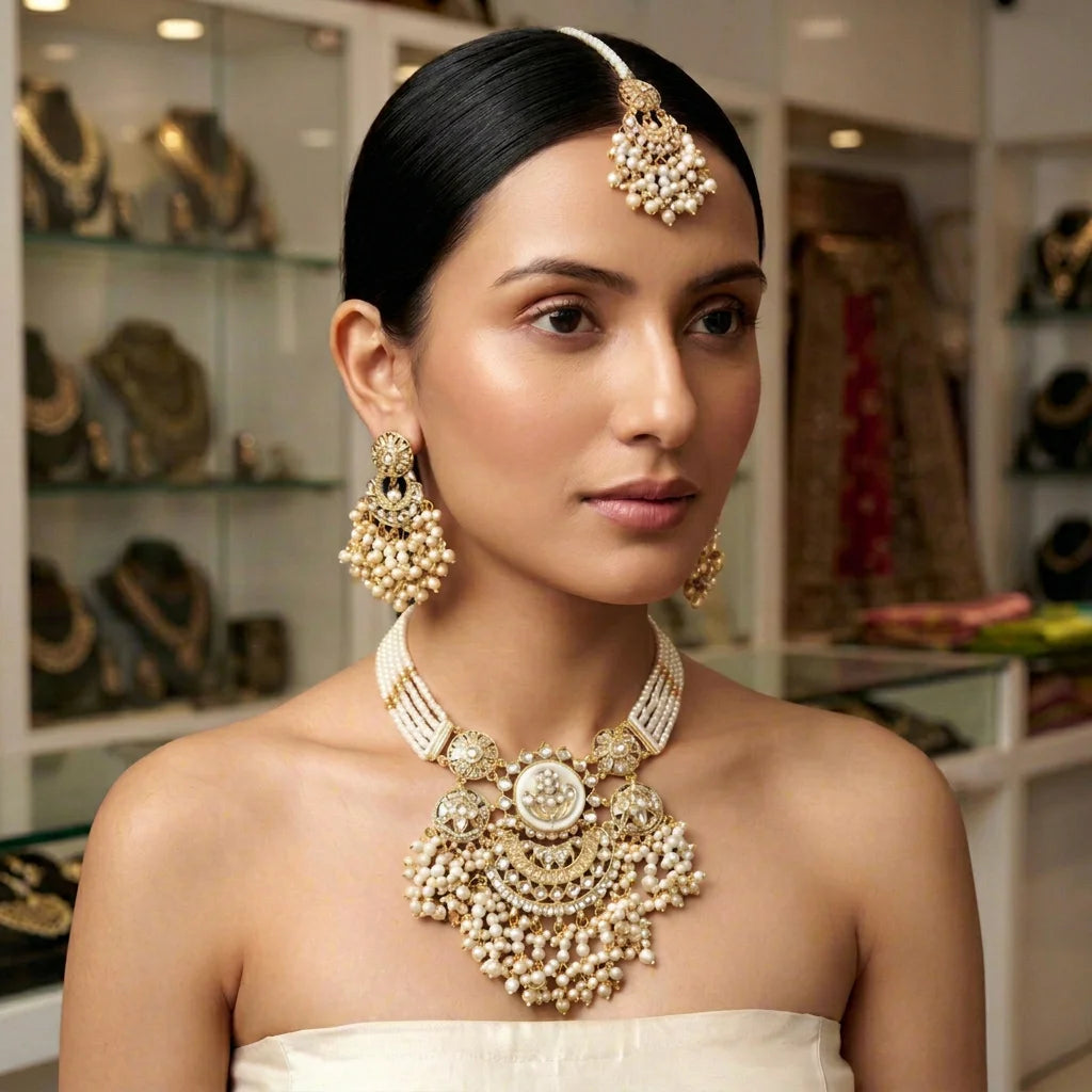 Luxury White Pearl Polki Necklace Set for Women, Premium Bridal Wedding Jewellery Set, Designer Traditional Statement Necklace