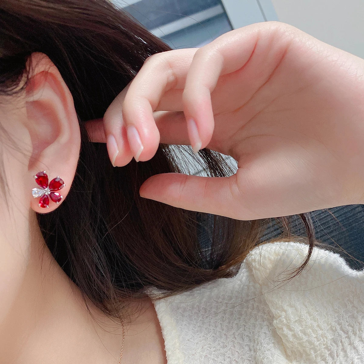 ArtistA Butterfly Pear Cut Lab Ruby Gems Women Silver Stud Earring Jewelry Set Sterling S925 Earrings