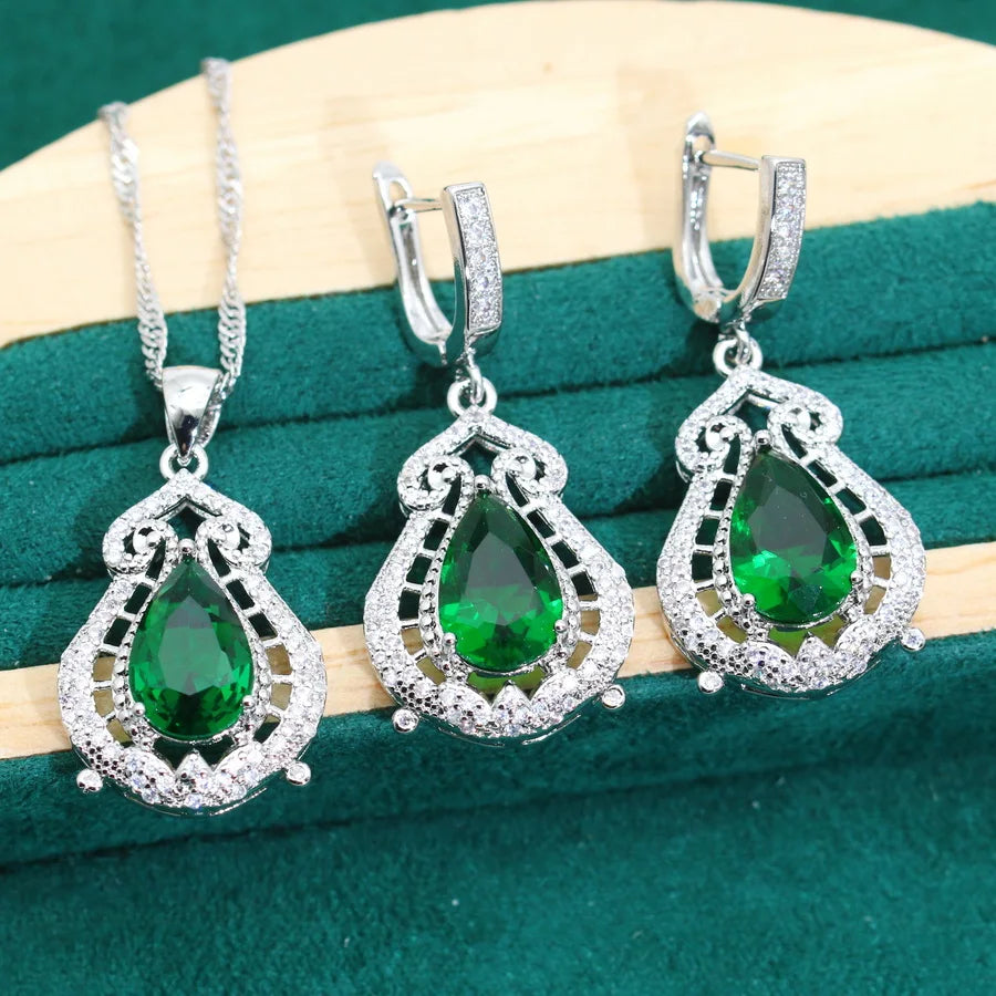 XOTICA 2024 Green Crystal Women's 925 Silver Jewelry Sets Classic Wedding Earrings Rings Bracelets Pendant Necklace for Parties