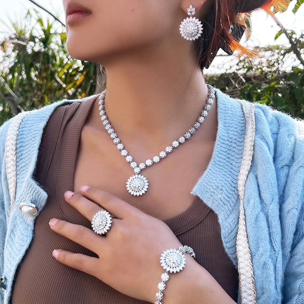 Female Luxury Cubic Zircon Jewelry Set Round Shape 4pcs Necklace Ring Earring and Necklace Jewelry Sets for Women Wedding Party