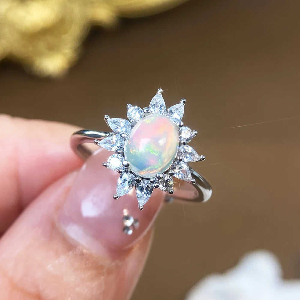 Gioiellieri High Quality Natural Opal Rhodium Plated Luxury 925 Sterling Silver Prong Set Certified Gemstone Ring for Women Everyday Wear
