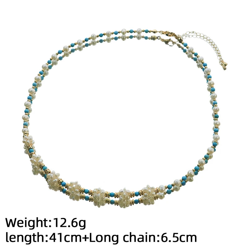 GLSEEVO Natural Pearl, Turquoise & Copper Bead Dainty Necklace, Earrings & Bracelet Set — Bohemian Style