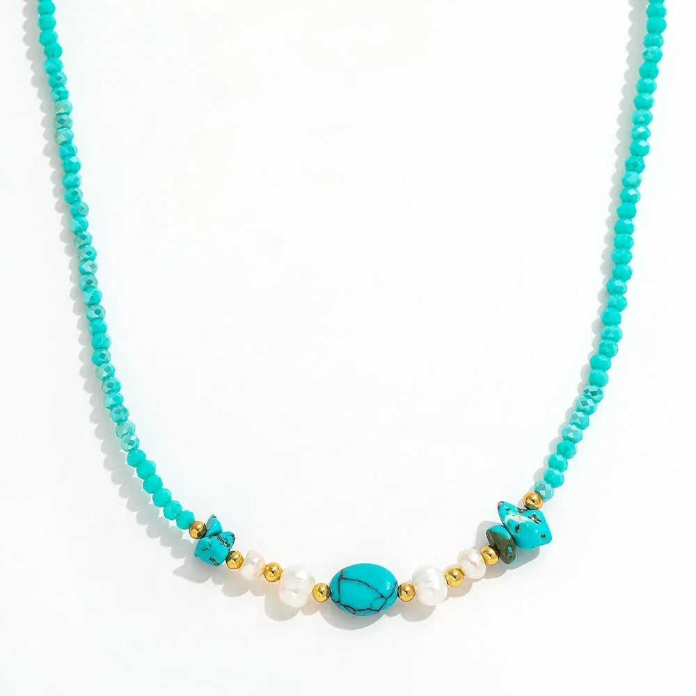 Joolim PVD Plated Wholesale Waterproof Fashion Boho Mixed Turquoise Chip & Pearl Bead Necklace Stainless Steel Jewelry