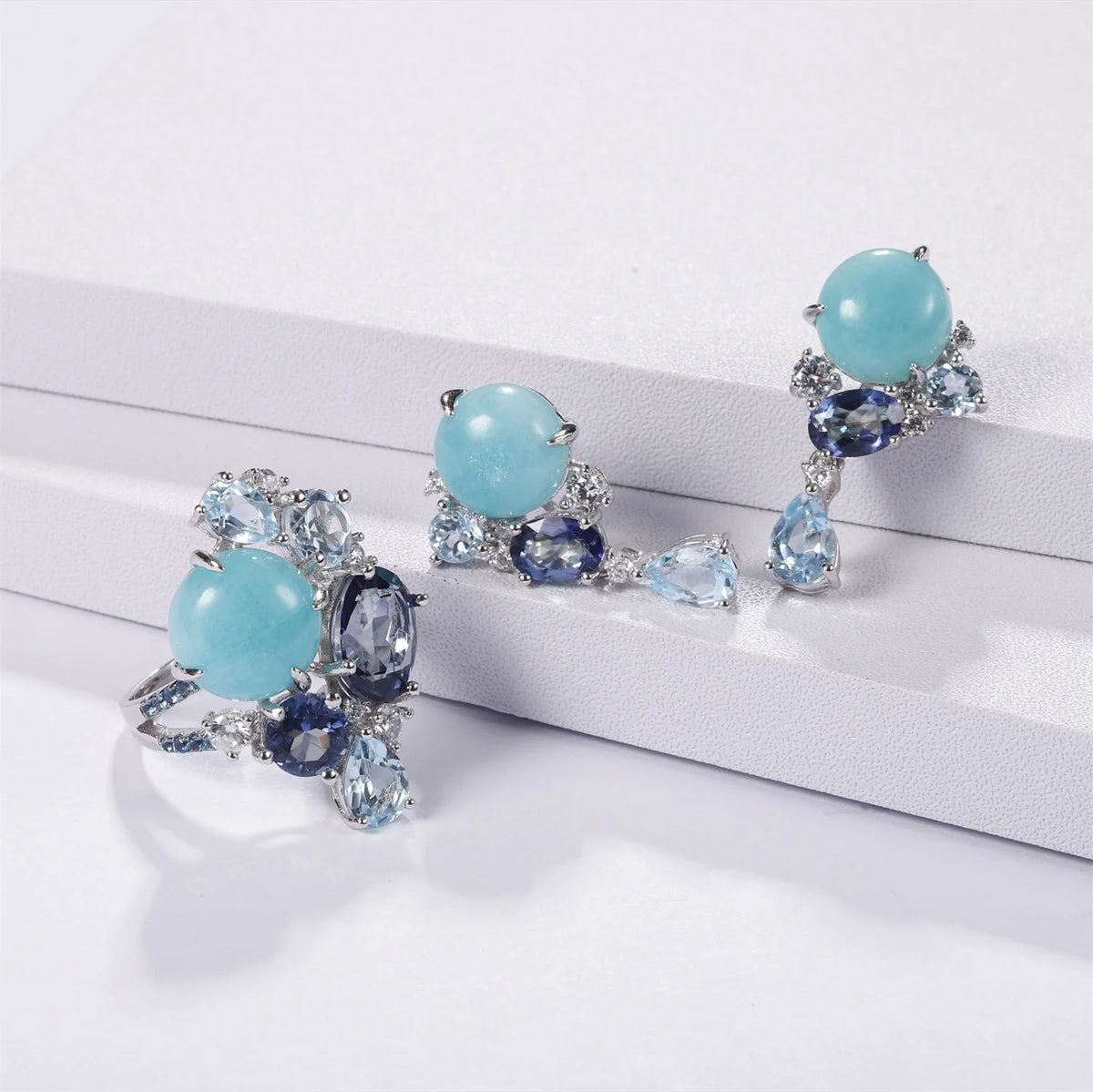 ArtistA C7646 Abiding Delicate Mix Gemstone Amazonite Blue Topaz Mystic Quartz 925 Silver Earrings Ring Jewelry Set