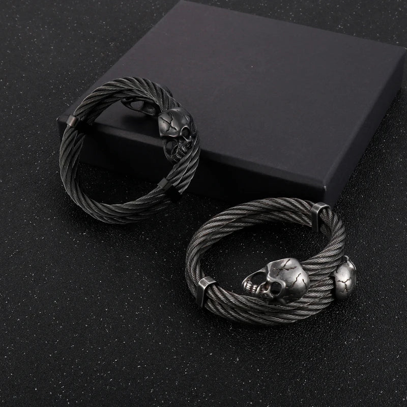 REBEL Mens Punk Stainless Steel Scar Skull Charm Rope Open Bangle Bracelet