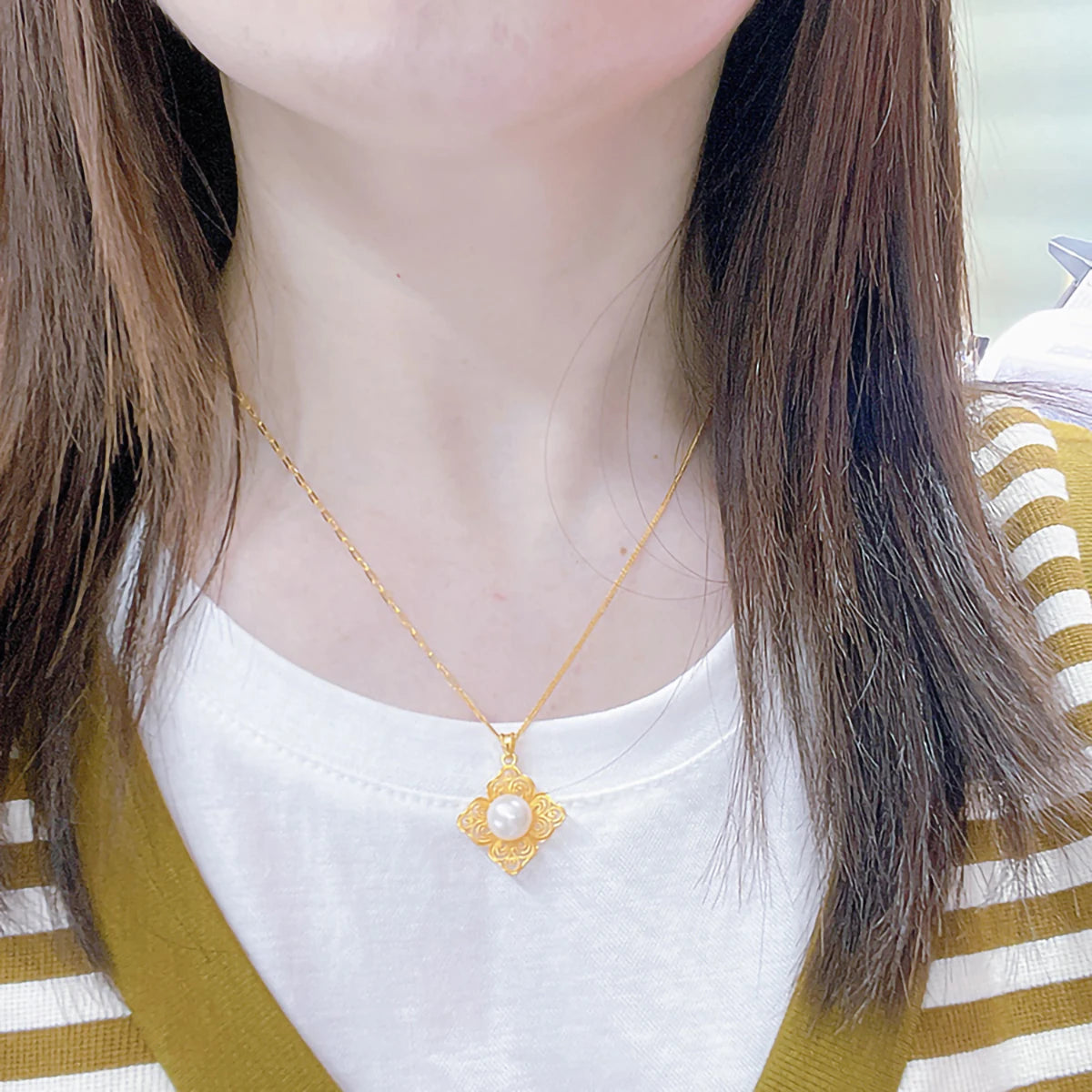 Gioiellieri Fine Jewelry Vintage Victorian Style Natural Pearl Rhombus 5d AU750 Pendant Gold Necklace 18K