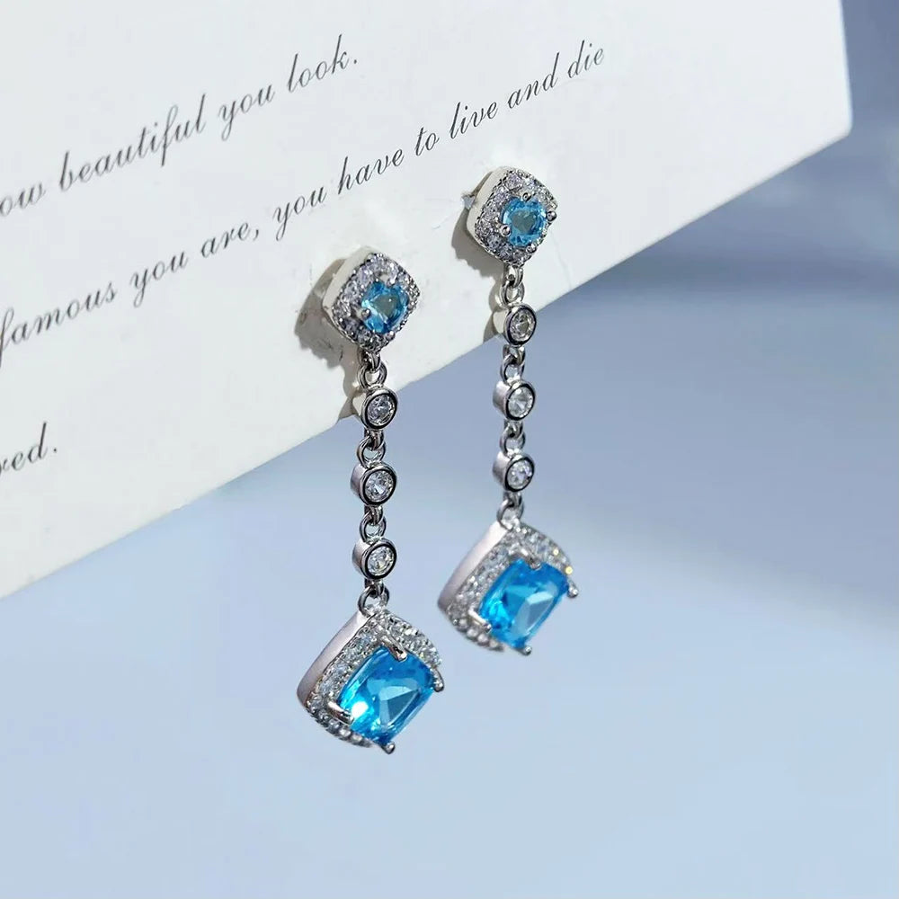 Gioiellieri Natural Blue Topaz Earrings S925 Sterling Silver Dangle Earrings for Women Fine Jewelry Anniversary Gift December Birthstone