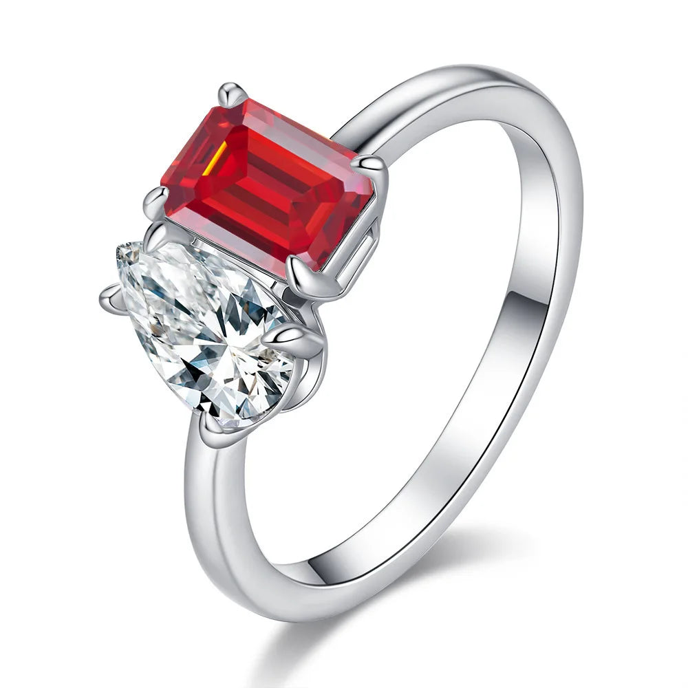 ArtistA Fancy Cut Full Moissanite Jewelry S925 Silver PT950 Platinum Plated Emerald & Pear Cut Two Diamonds VVS GRA Moissanite Rings