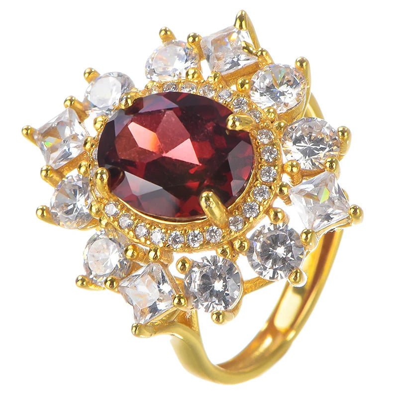 Gioiellieri High-End Elegant Open Ring for Women Classic Style Oval Cut Natural Garnet 925 Silver Gold Plated Gemstone Rings Prong Setting
