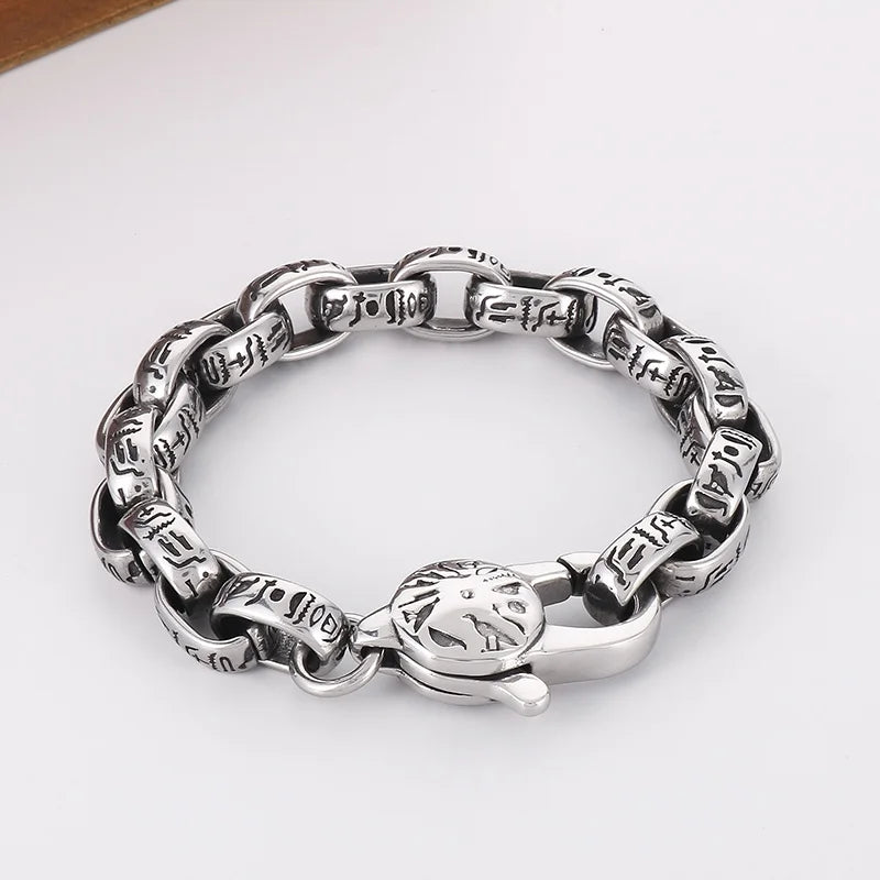 KALEN 230mm Men Punk Ancient Words Stainless Steel Oval Links Bracelet With Lobster Clasp