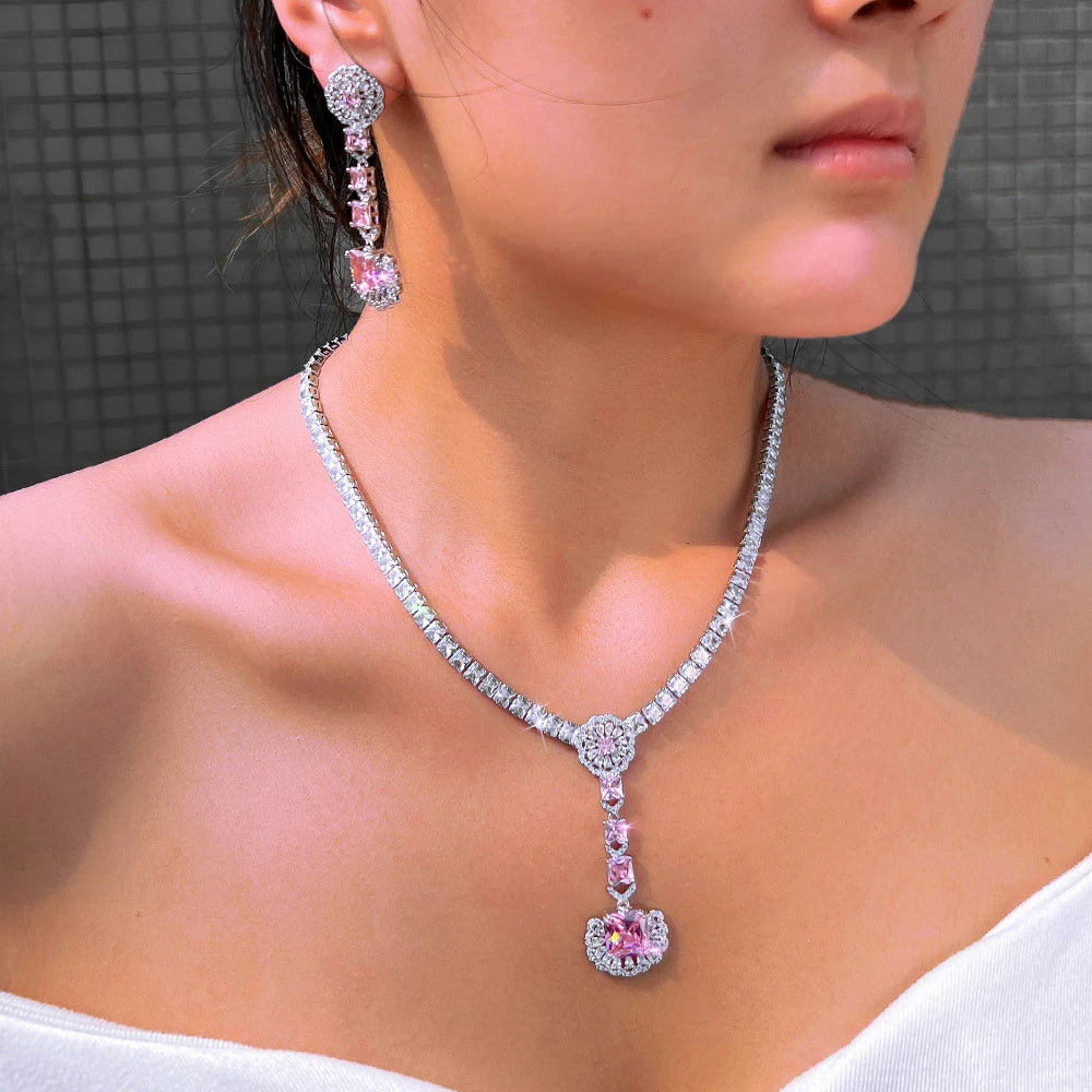 Glamorous Cubic Zirconia Necklace and Earrings Shimmering Pink White Jewelry Set for Women Wedding Anniversary Banquet Jewellery