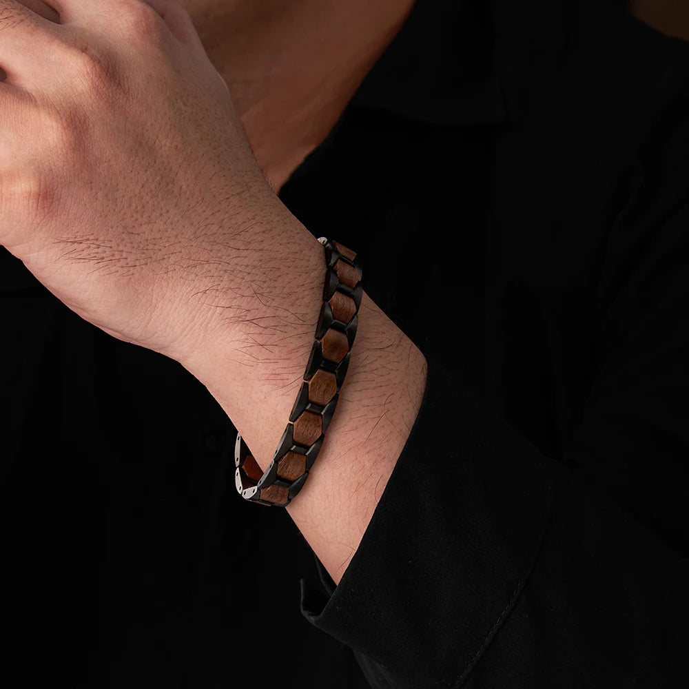 REBEL Handmade Custom Logo REBEL Unisex Skeleton Shape Walnut Wood Black Gun Plated Casual/Sporty Wrist Band Bangle