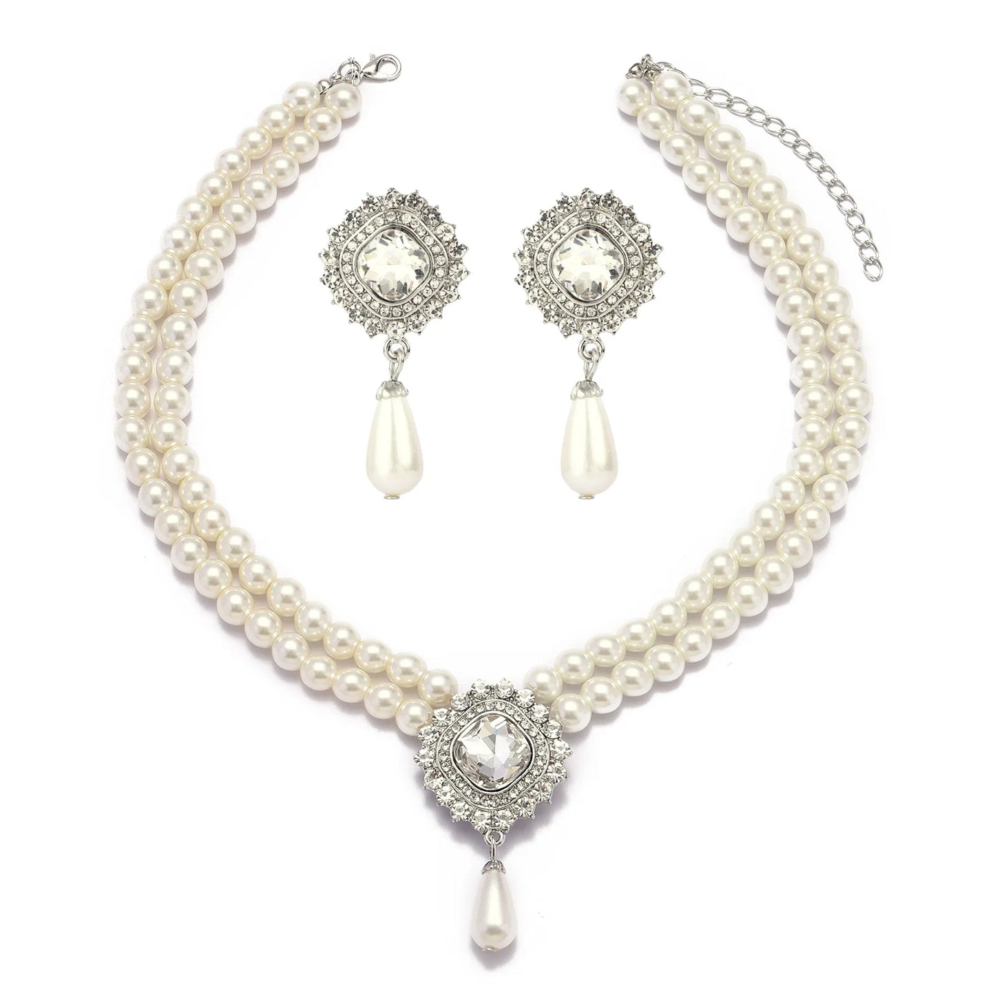 Pearl Flower Multi-Layer Pendant Necklace & Earrings Set | Elegant Silver Occasion Jewellery