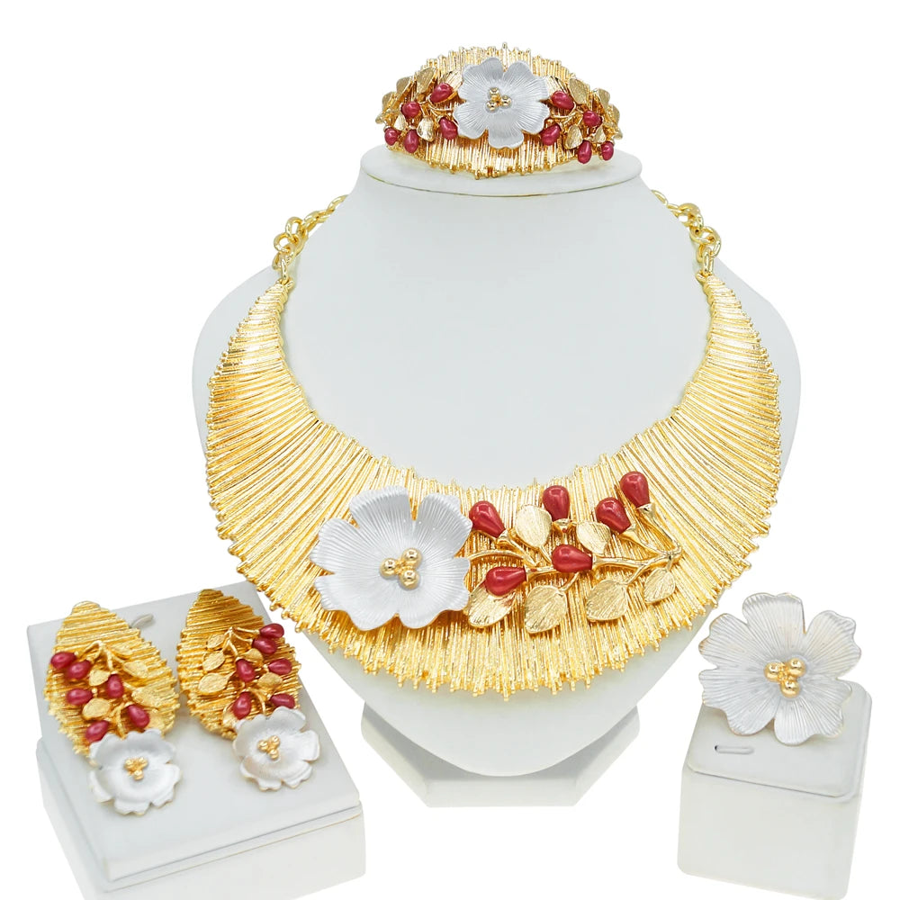 Zhuerrui Italian Big Block Pattern Jewelry Set Copper Real Gold Plated Jewelry Sets Luxury Western Wedding Jewellery Gift H00497