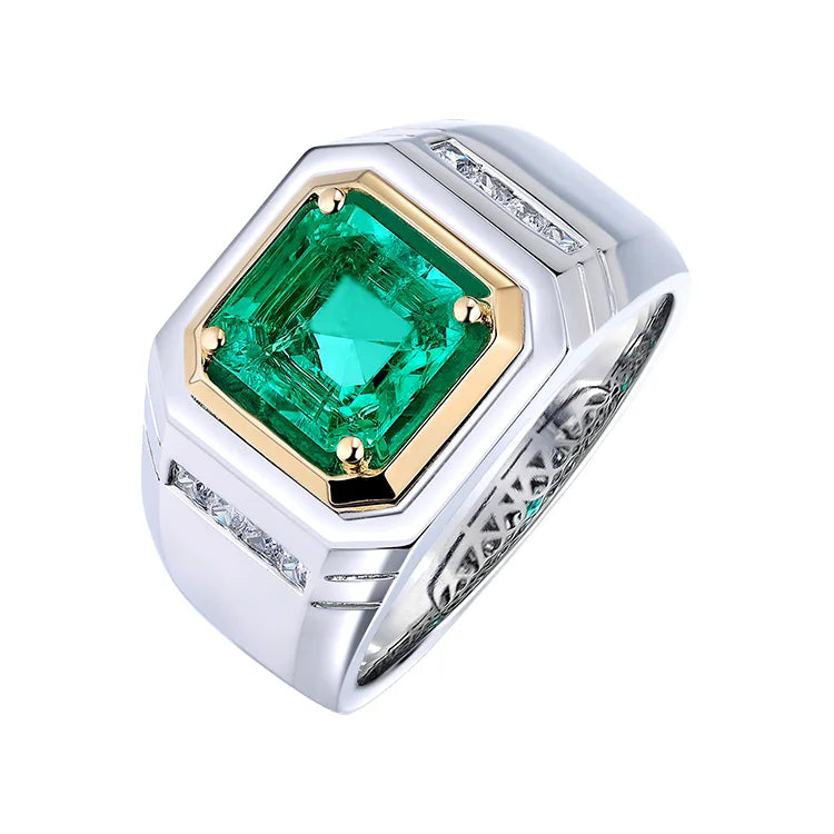 Gemfiori Men's Classic Rhodium Plated 925 Sterling Emerald Ring Diamond Inset Gemstone Wedding Party Ring for Engagement or Gift