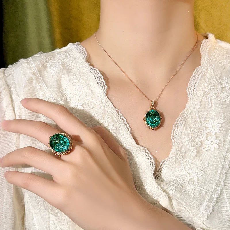 REDheart Fashion Black Gray Egg Rose Gold Texture Gold Plated Wedding Engagement Party Necklace Set Hollow Lines Copper Zircon Open Ring