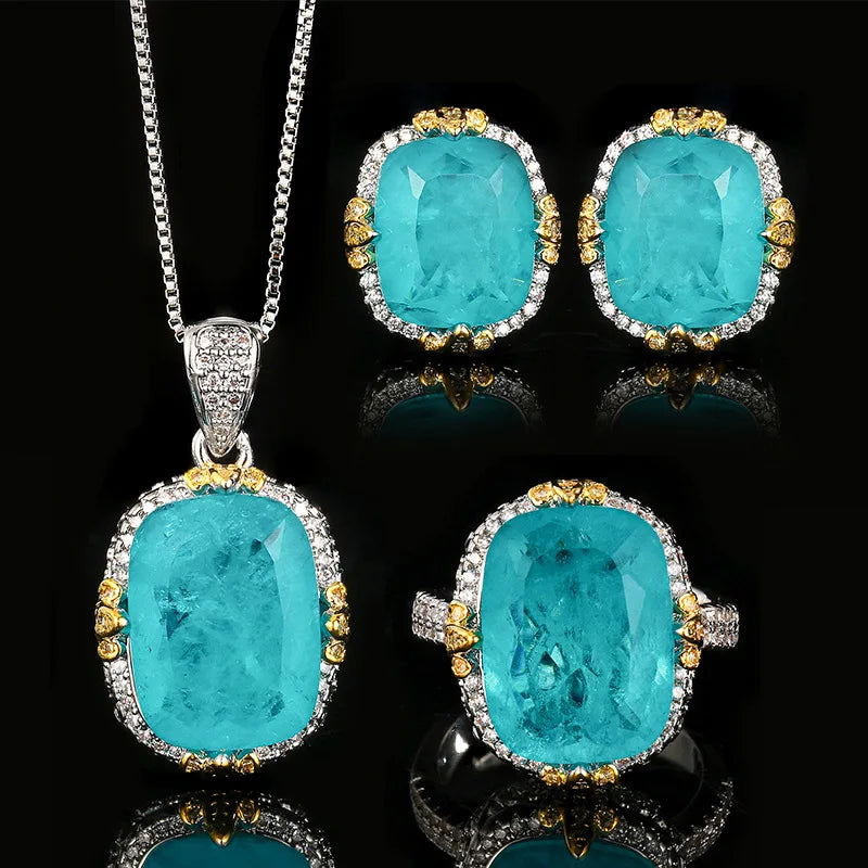 REDheart Women's Copper Inlaid Zircon Plated Two-Color Open Ring Copper Base Gold-Plated Imitation Paraiba Blue Wedding Party Set