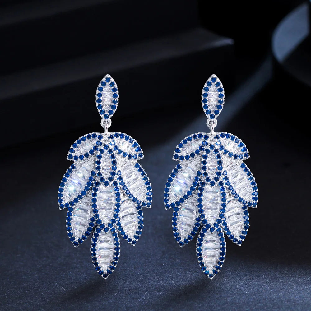 S&S Blue CZ Feather Leaf Full Pavé Dangle Earrings – 925 Silver Pin – Rhodium Plated – Collection