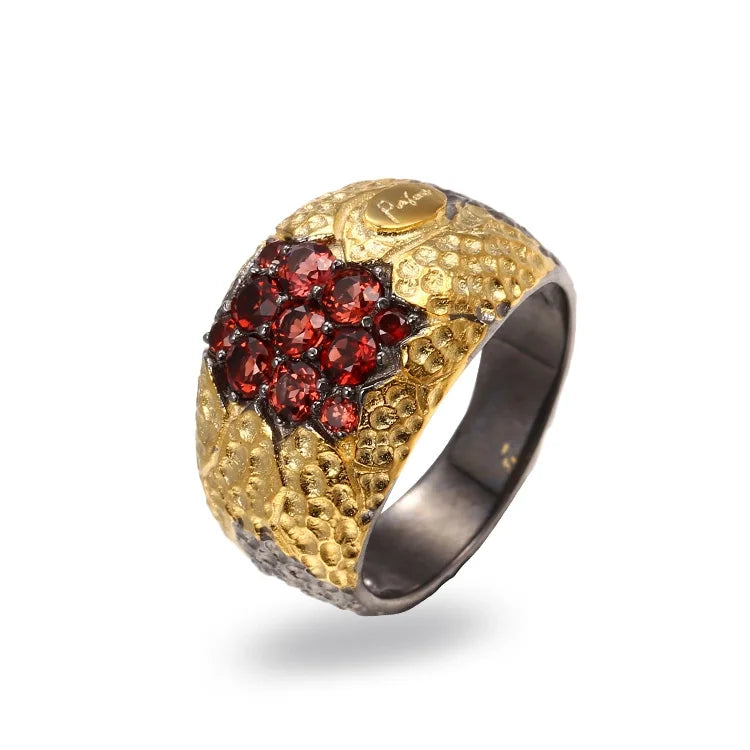 New Design Italy Style Garnet Stone 925 Sterling Silver Ring with Gold Plated