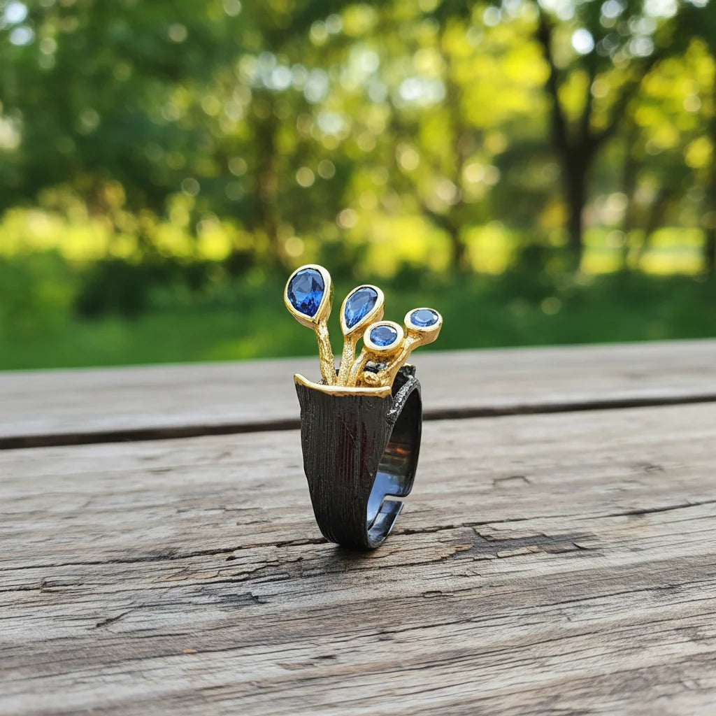 India Style Handmade Jewelry 925 Sterling Silver Ring with Gold Plated