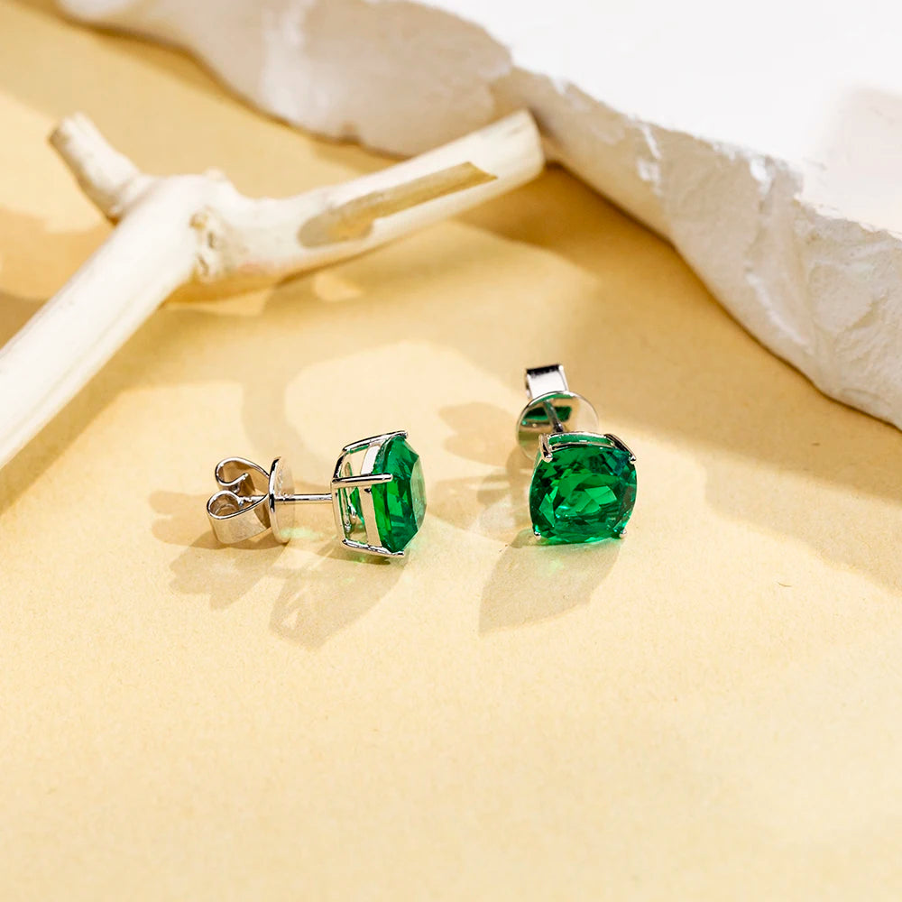 Messi Jewelry MSE-779  10K Gold 7*7mm Cushion Shape Lab Grown Emerald Earrings Engagement Dating Gift for Girls
