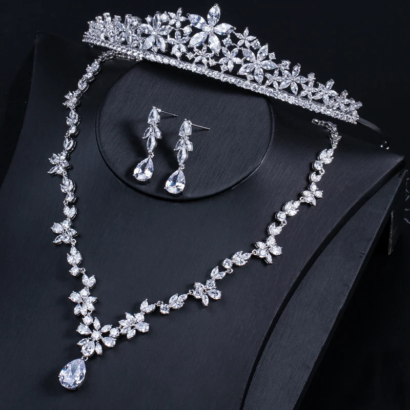 High Quality Cubic Zirconia Women Accessories Wedding Bridal Dress Luxury Necklace Earrings and Hair Crown Tiara Jewelry Set