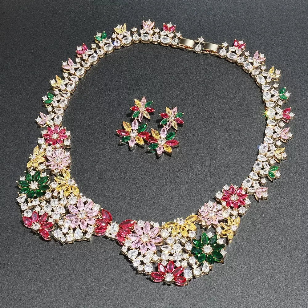 Bella Viva Vintage Elegant Luxury Floral Cubic Zirconia Necklace & Earring Set, Women's Jewelry for Bride, Dinner Dress & Party