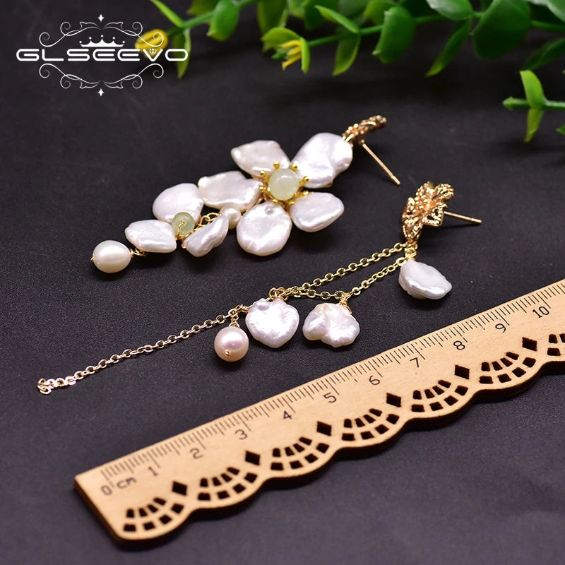 Natural Fresh Water Pearl Asymmetric Drop Earrings for Women Flower Long Tassel Statement Earrings